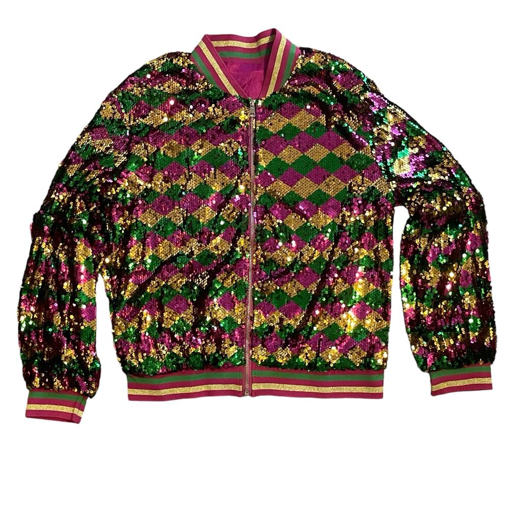 NEW Sequin Bomber Jacket M Mardi Gras New Orleans Purple Green Gold Glitter Rave - Picture 4 of 6